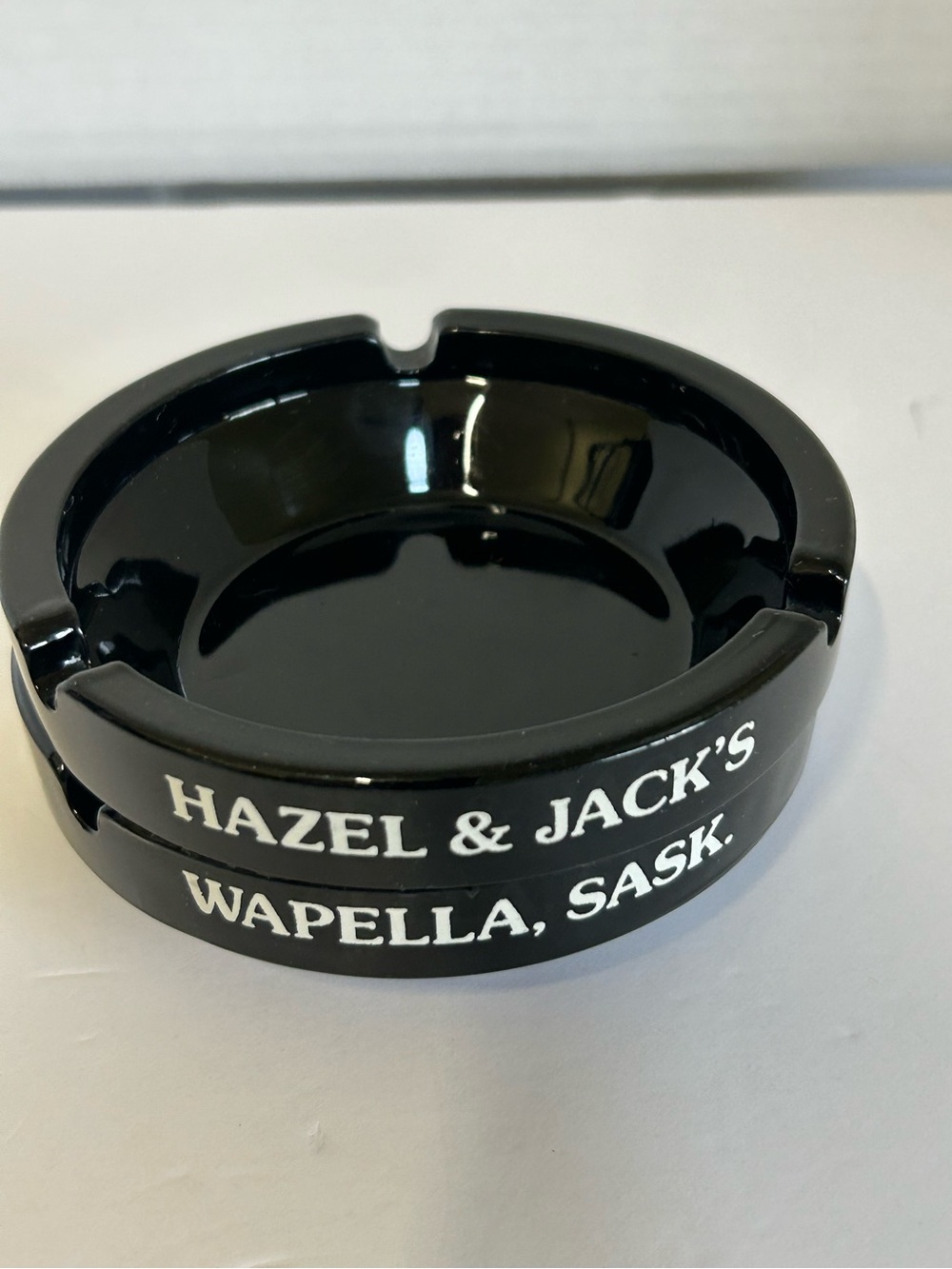 Vintage Hazel & Jack's Wapella Sk Black Glass Ashtray x 2